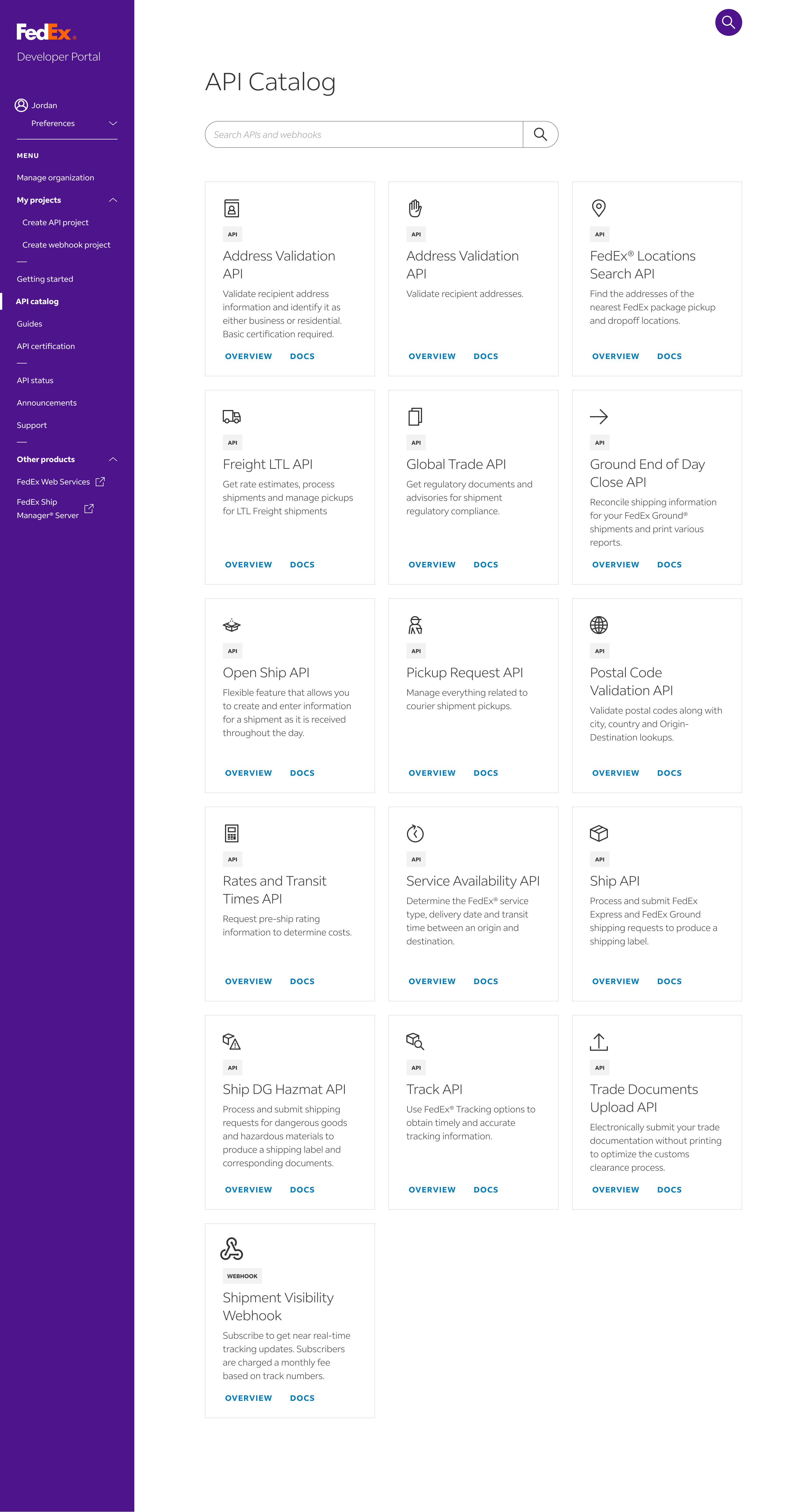 FedEx API catalog — browsable library of shipping APIs and webhooks